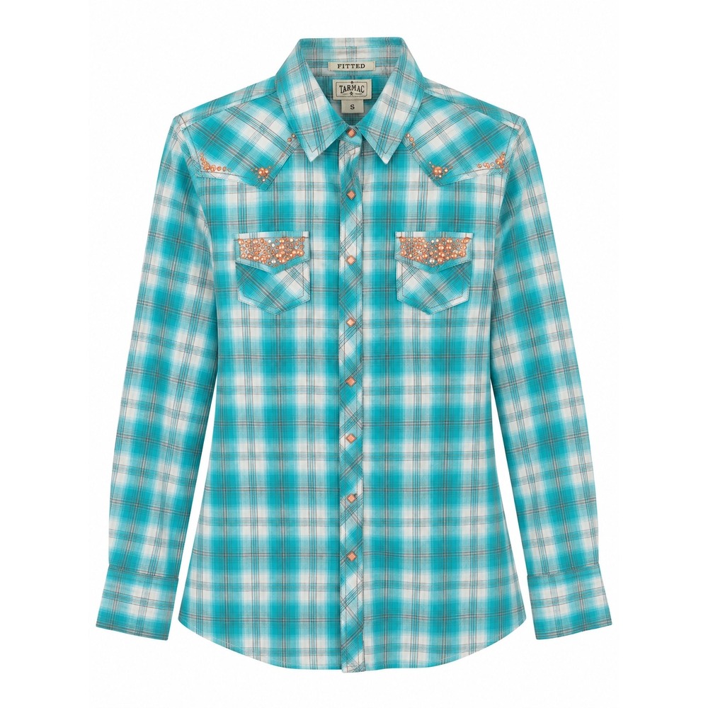 Ariat Womens L Turquoise Plaid Western Pearl Snap Shirt Rhinestone Long Sleeve